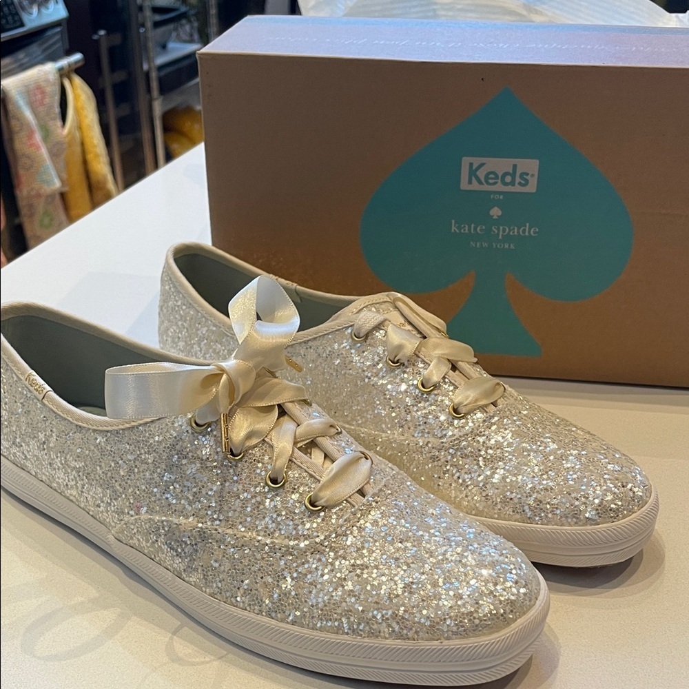 🆕 Keds & Kate Spade New York Champion Glitter Sneakers, Bridal, Cream, Size 10